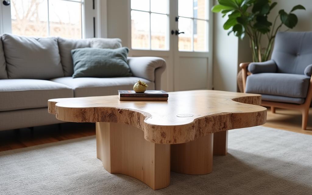A modern live-edge coffee table in a living room setting.