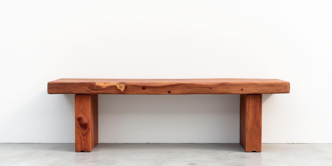 A rustic cedar bench against a white wall.