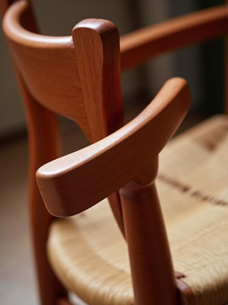 A close-up of a handcrafted cherry wood chair.