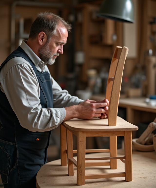 A craftsman carefully inspecting the joinery of a handmade wooden chair.
