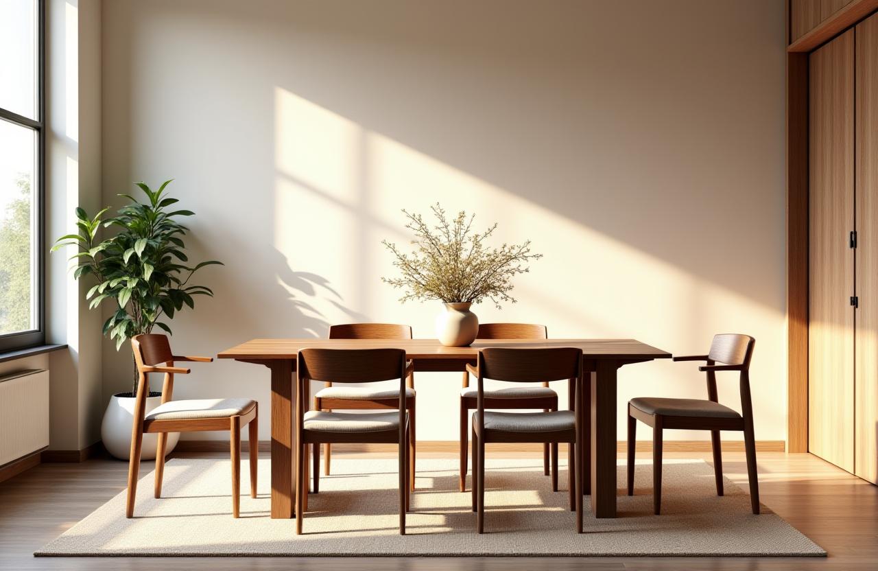 A beautifully crafted walnut dining table and chairs in a sunlit room.