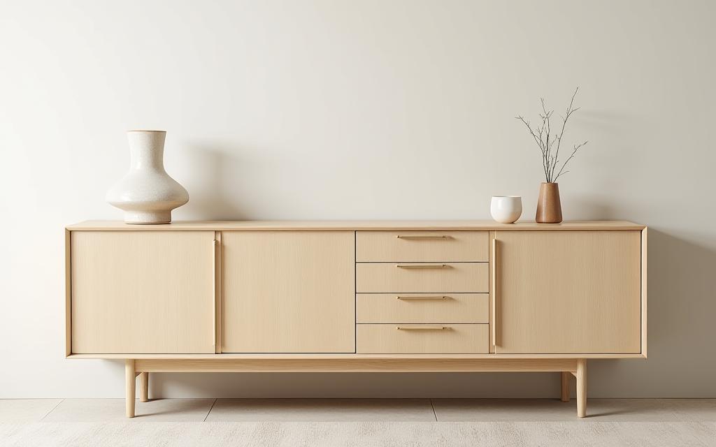 A sleek maple sideboard against a neutral wall.