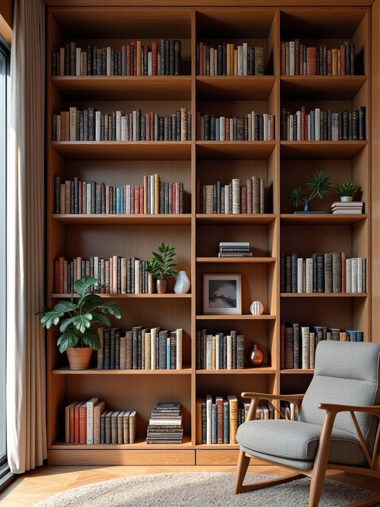 An tall oak bookshelf filled with books.