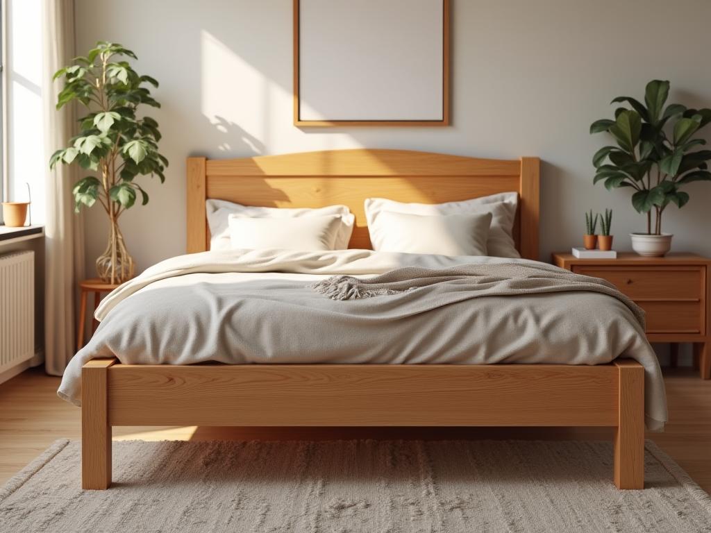 A sturdy pine bed frame in a cozy bedroom.